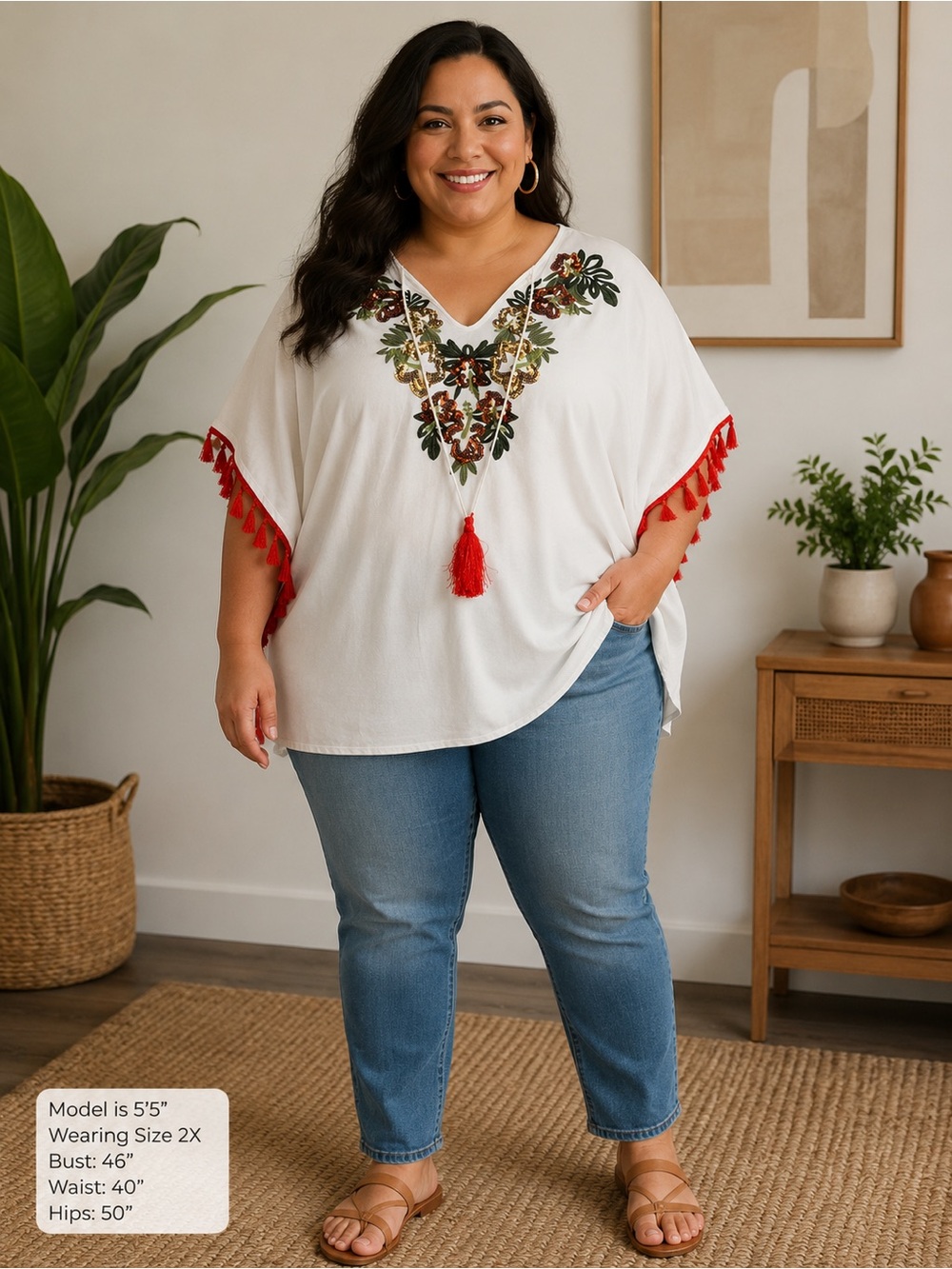Boho Embroidered V-Neck Tassel Top - White with Red Trim